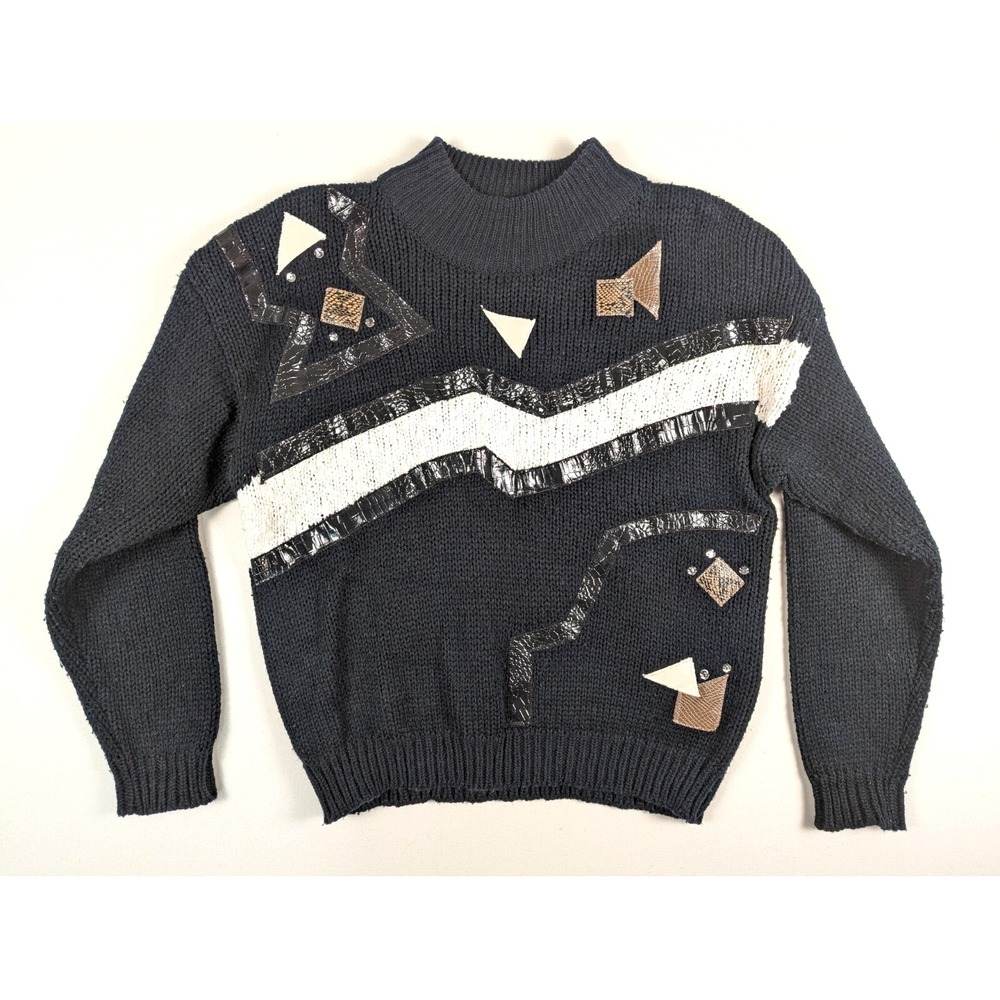 Jamie Scott Sweater Women Large Knit Abstract Mixed Media Black White 80s